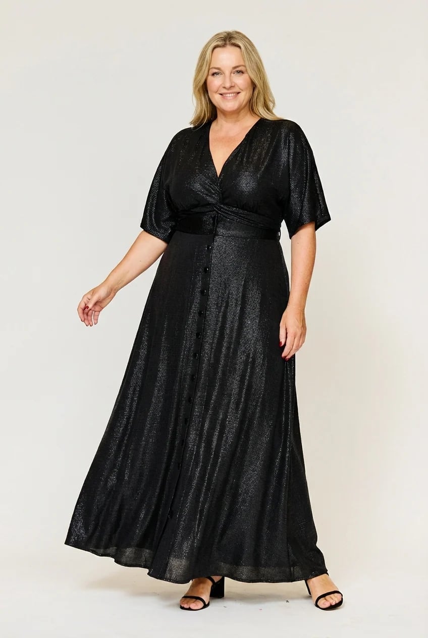 Black Shimmering Metallic Maxi Dress With Cinched With A Matching Belt Black Shimmering Metallic Maxi Dress With Cinched With A Matching Belt — Classy Plus Size Dresses