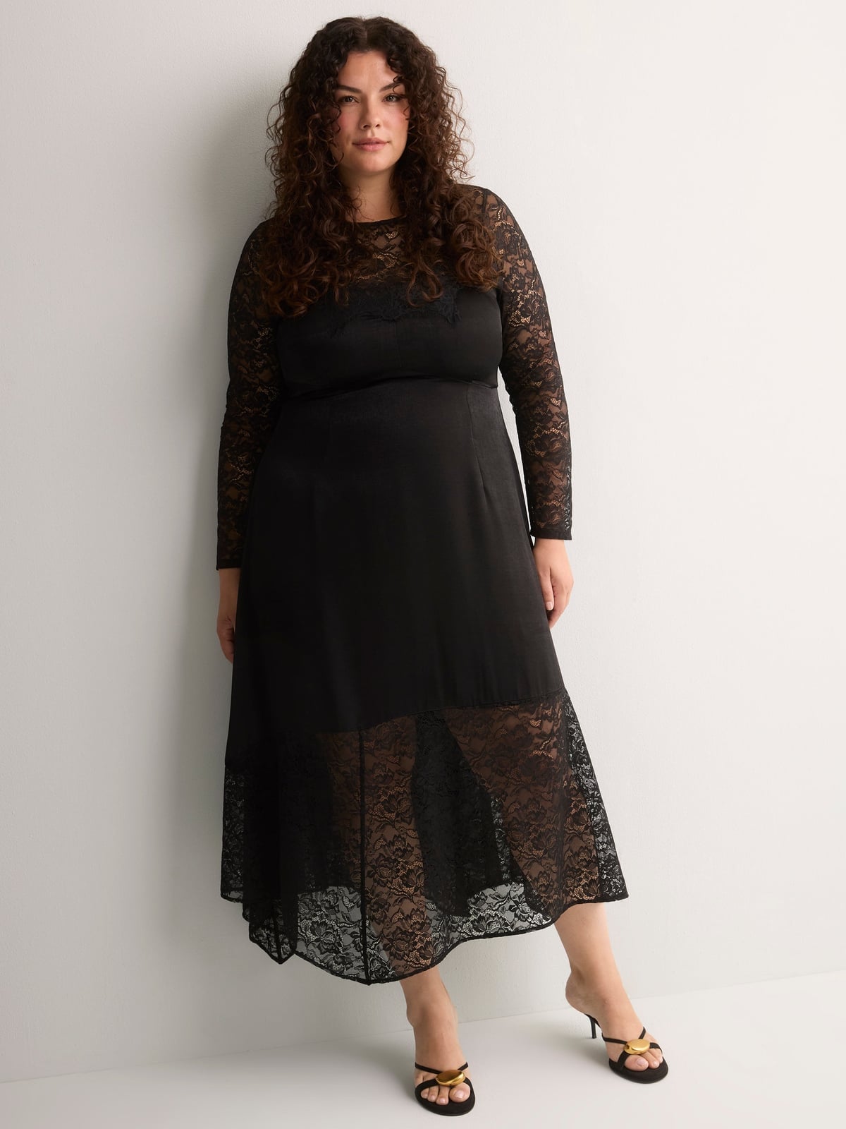 Black Midi Dress with Satin Bodice and Lace, Office-Safe Version Black Midi Dress with Satin Bodice and Lace, Office-Safe Version — Classy Plus Size Dresses