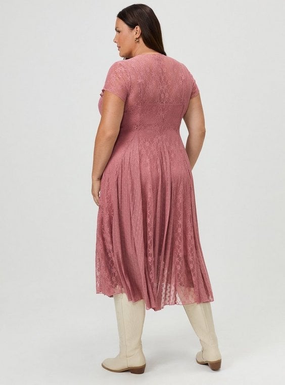 Dusty Rose Lace Fit-and-Flare Midi Dress With Cream Knee-High Boots Dusty Rose Lace Fit-and-Flare Midi Dress With Cream Knee-High Boots — Classy Plus Size Dresses