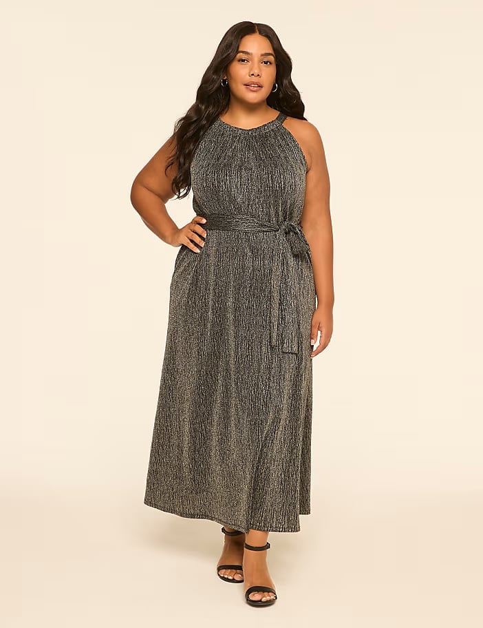 Silver and Black Metallic Knit Halter Neck Dress Silver and Black Metallic Knit Halter Neck Dress — Classy Plus Size Dresses