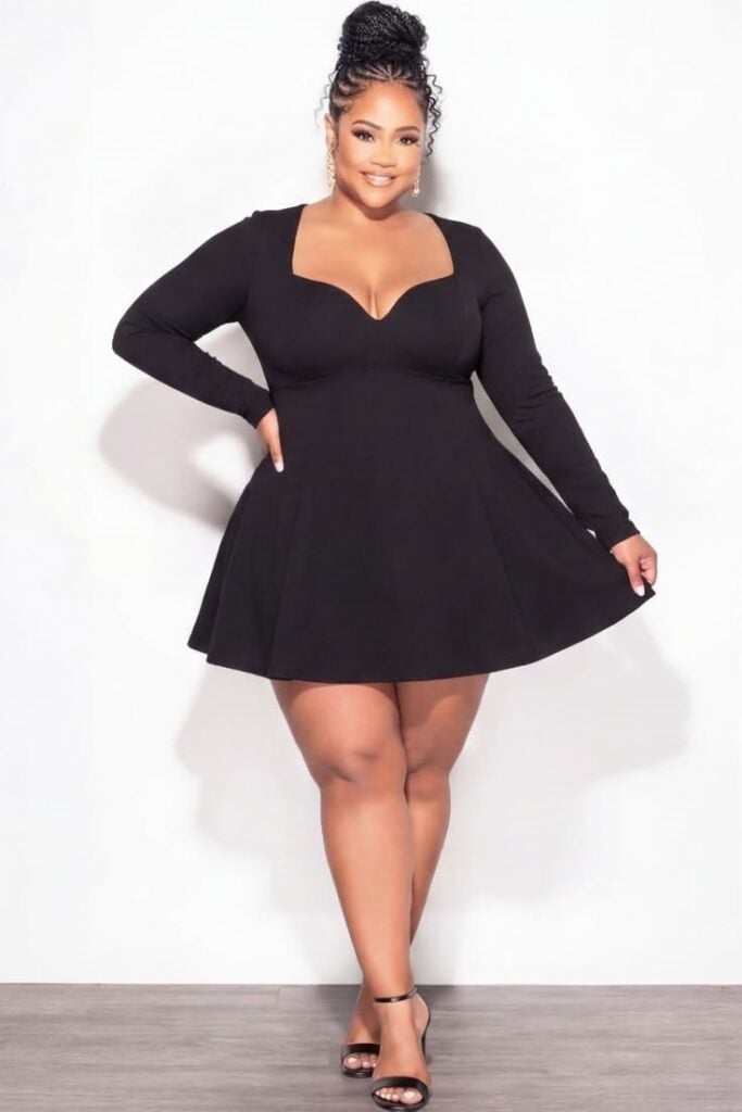 Black Long Sleeve A-Line Dress with Sweetheart, Office-Safe Version Black Long Sleeve A-Line Dress with Sweetheart, Office-Safe Version — Classy Plus Size Dresses