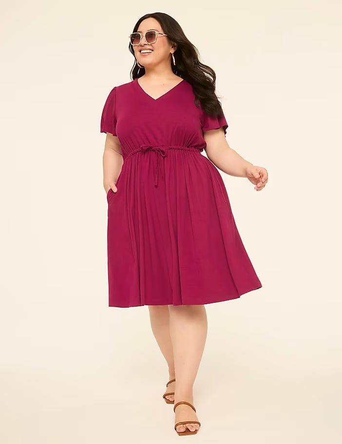 Magenta V-Neck Jersey Dress with Drawstring Waist Magenta V-Neck Jersey Dress with Drawstring Waist — Classy Plus Size Dresses