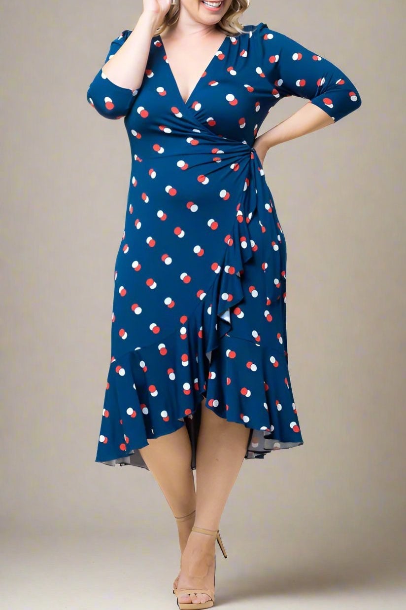 Blue Polka Dot Wrap Dress with Ruffled Hem Blue Polka Dot Wrap Dress with Ruffled Hem — Classy Plus Size Dresses