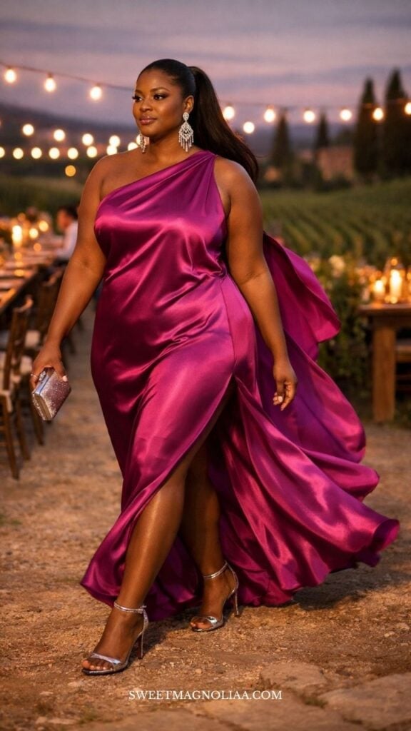 Fuchsia Satin One-Shoulder Maxi Dress Fuchsia Satin One-Shoulder Maxi Dress — Classy Plus Size Dresses