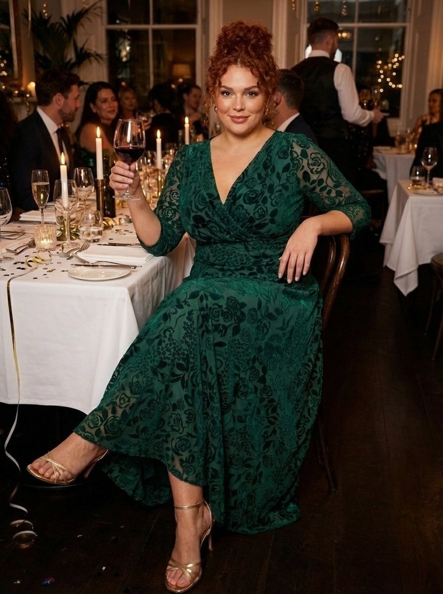 Dark Green Velvet Midi Dress with Lace Overlay Dark Green Velvet Midi Dress with Lace Overlay — Classy Plus Size Dresses