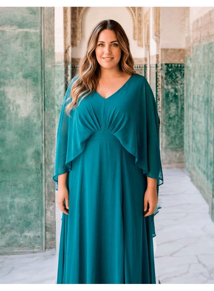 Petrol Blue Chiffon Maxi Dress with Cape Sleeves, Close-Up Take Petrol Blue Chiffon Maxi Dress with Cape Sleeves, Close-Up Take — Classy Plus Size Dresses