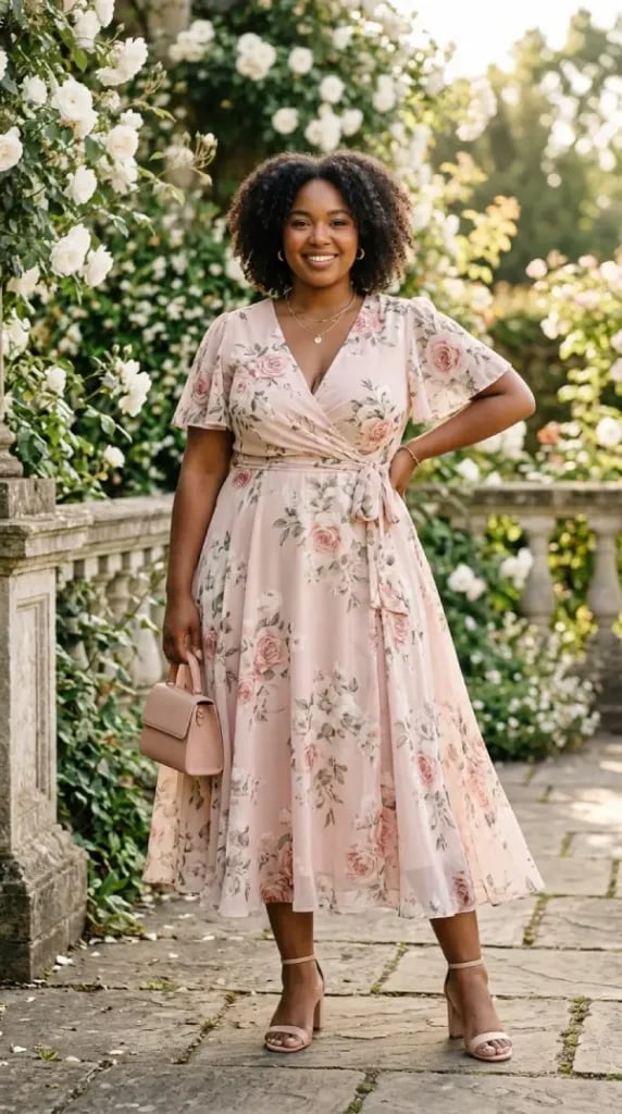 Pink Floral Chiffon Wrap Dress for Garden Party Pink Floral Chiffon Wrap Dress for Garden Party — Classy Plus Size Dresses