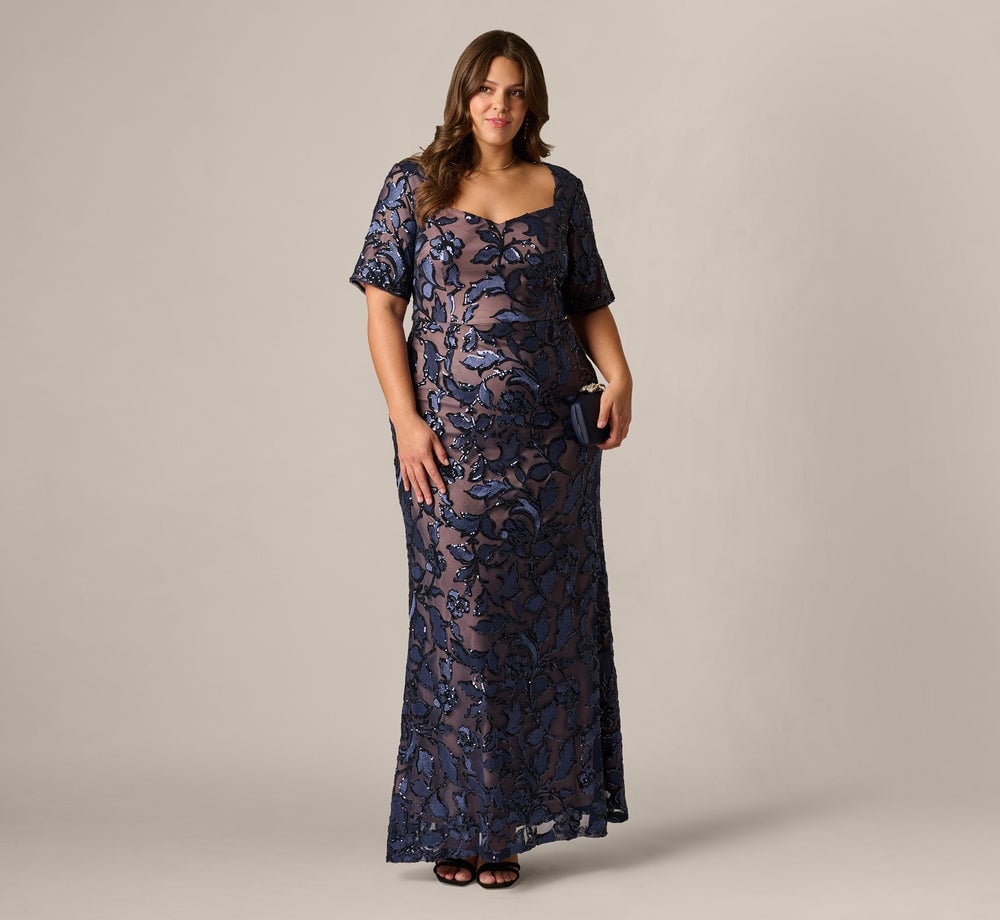 Navy Blue Sequined Floor-Length Dress Navy Blue Sequined Floor-Length Dress — Classy Plus Size Dresses
