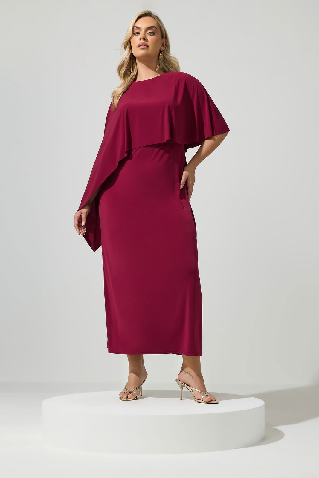 Burgundy Cape Dress with Asymmetrical Overlay Burgundy Cape Dress with Asymmetrical Overlay — Classy Plus Size Dresses