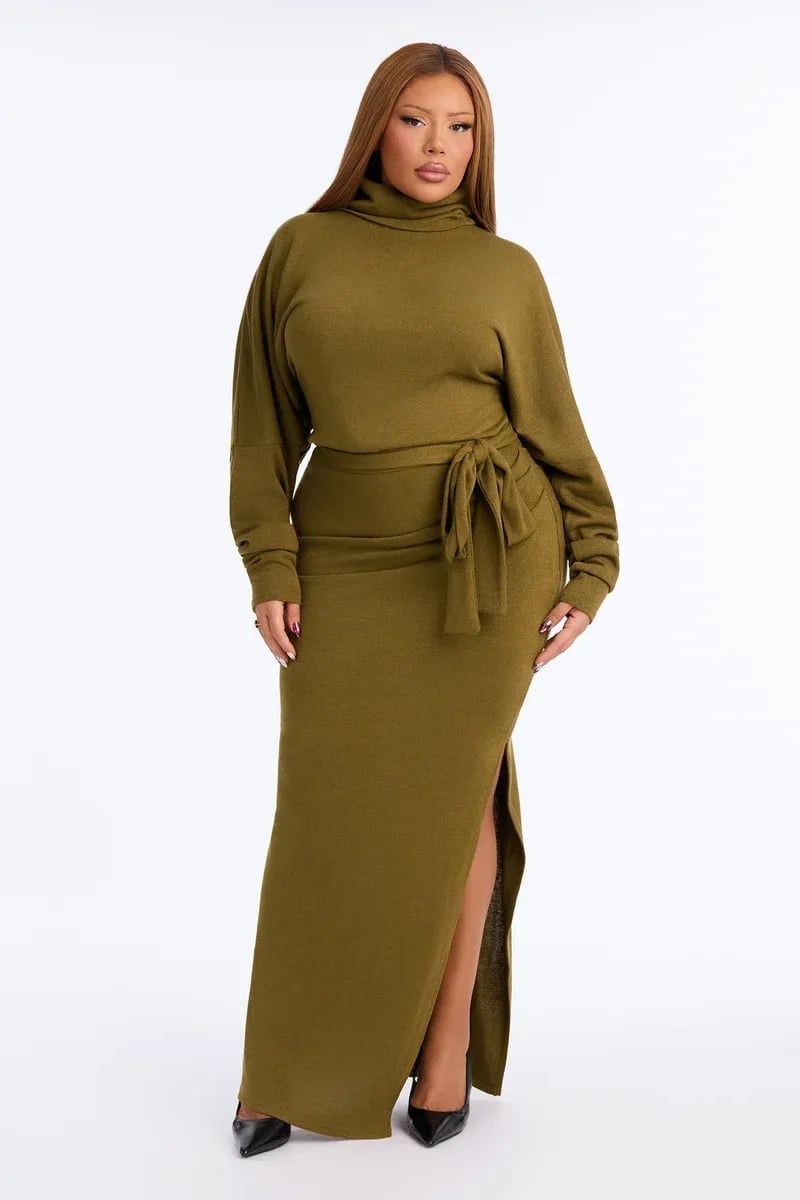 Olive Green Knit Turtleneck Maxi Dress Olive Green Knit Turtleneck Maxi Dress — Classy Plus Size Dresses