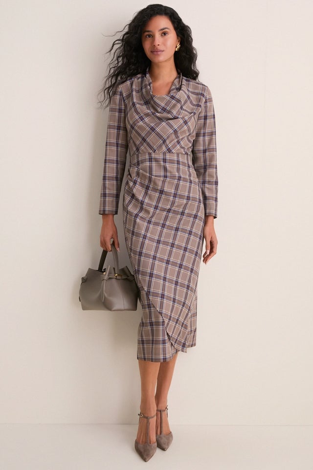 Plaid Midi Dress With Draped Neckline Plaid Midi Dress With Draped Neckline — Classy Professional Dresses