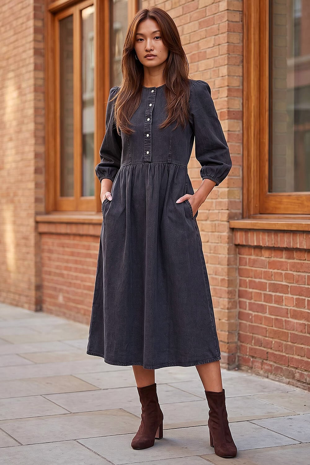 Charcoal Gray Denim Midi Dress Charcoal Gray Denim Midi Dress — Classy Professional Dresses