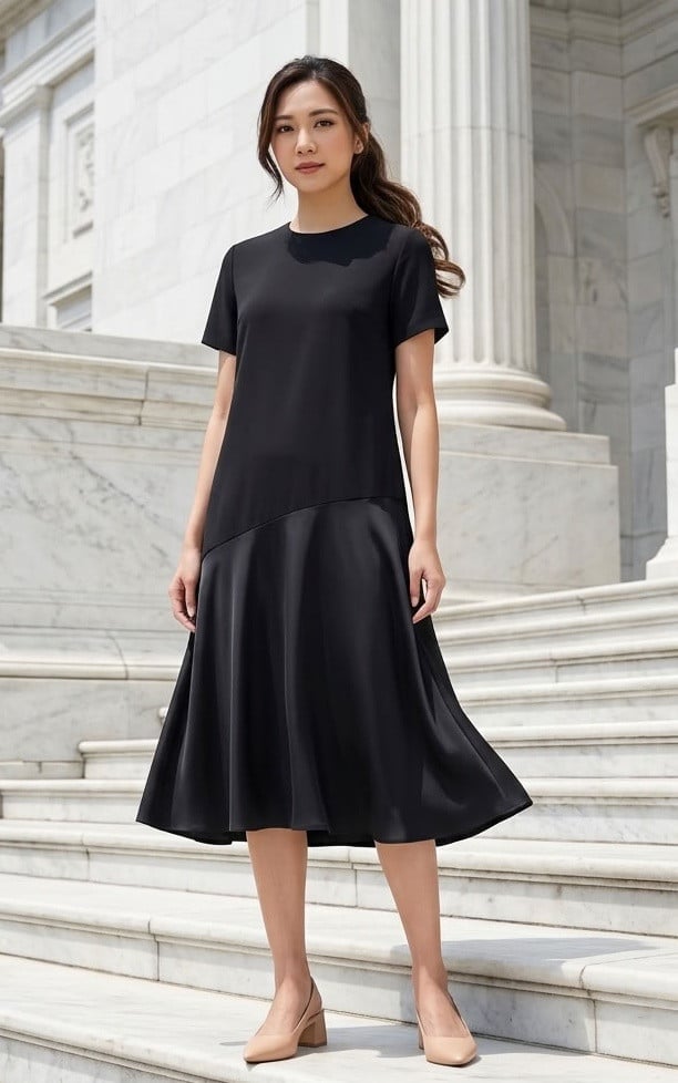 Black Midi Dress With Asymmetrical Hem Black Midi Dress With Asymmetrical Hem — Classy Professional Dresses