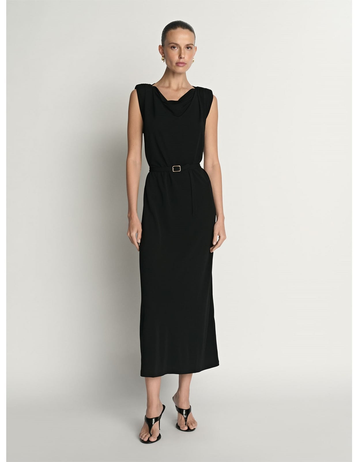 Black Crepe Midi Dress With Cowl Neck Black Crepe Midi Dress With Cowl Neck — Classy Professional Dresses