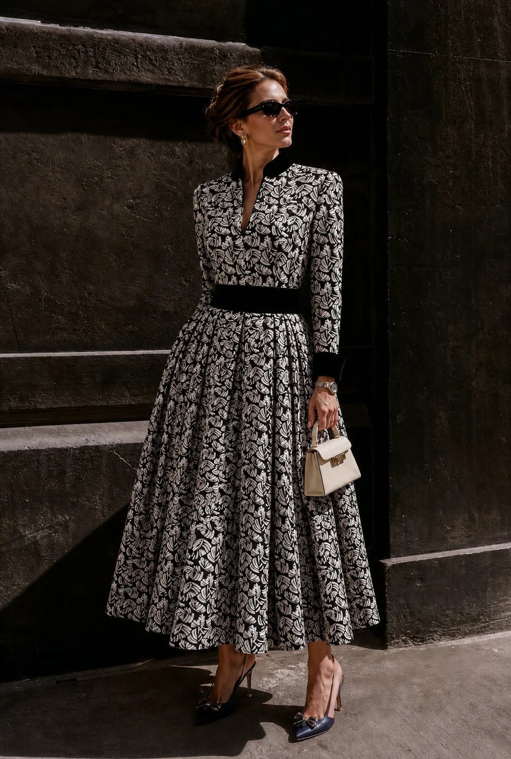 Black and White Floral Jacquard Midi Dress Black and White Floral Jacquard Midi Dress — Classy Professional Dresses