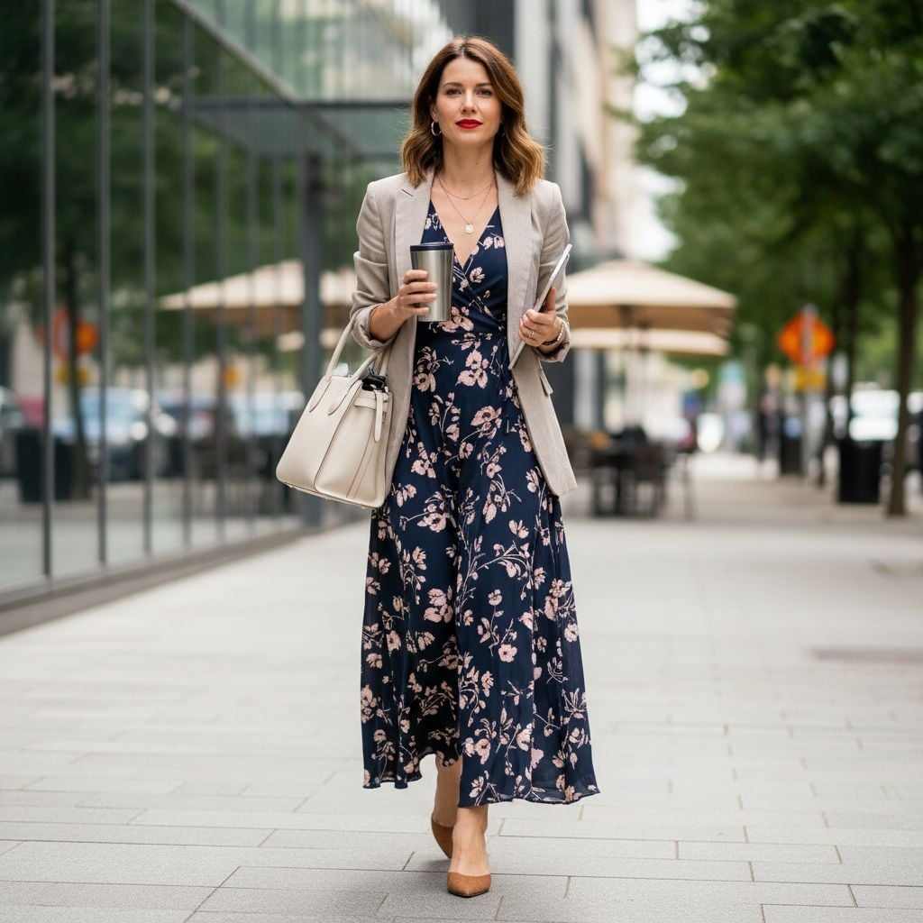 Floral Print Wrap Dress With Linen Blazer Floral Print Wrap Dress With Linen Blazer — Classy Professional Dresses