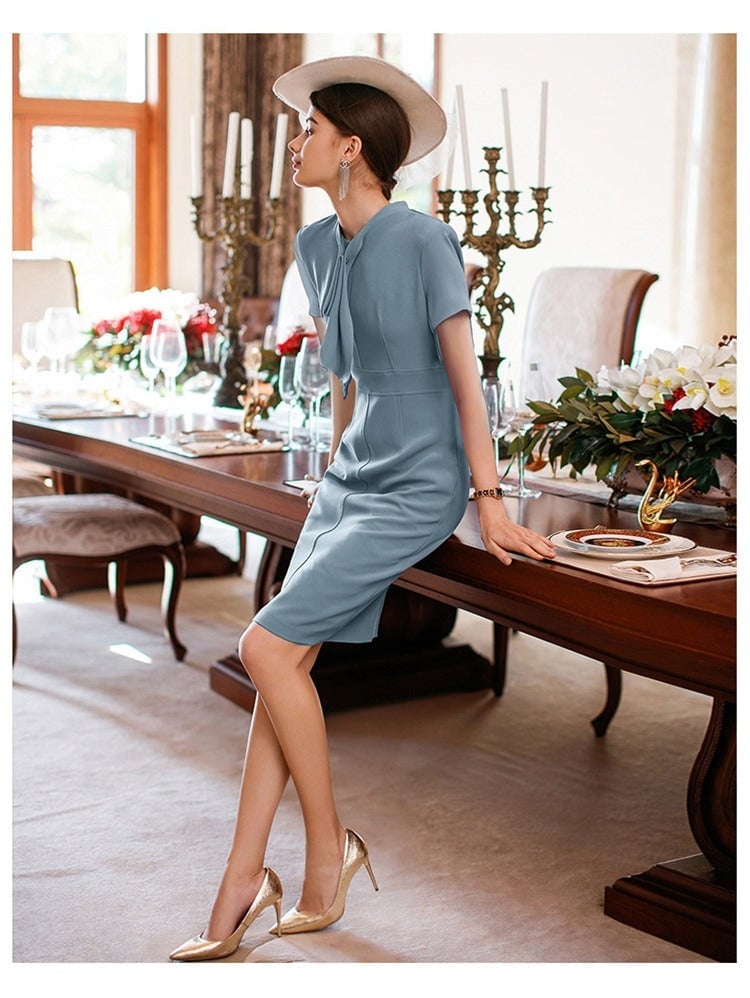 Blue Textured Dress With Bow Detail Blue Textured Dress With Bow Detail — Classy Professional Dresses