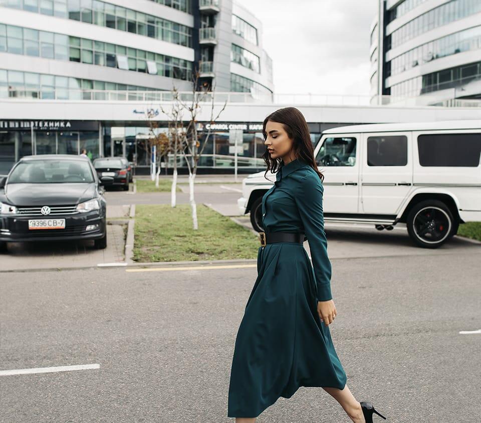 Teal Long-Sleeve Collared Dress With Wide Belt Teal Long-Sleeve Collared Dress With Wide Belt — Classy Professional Dresses