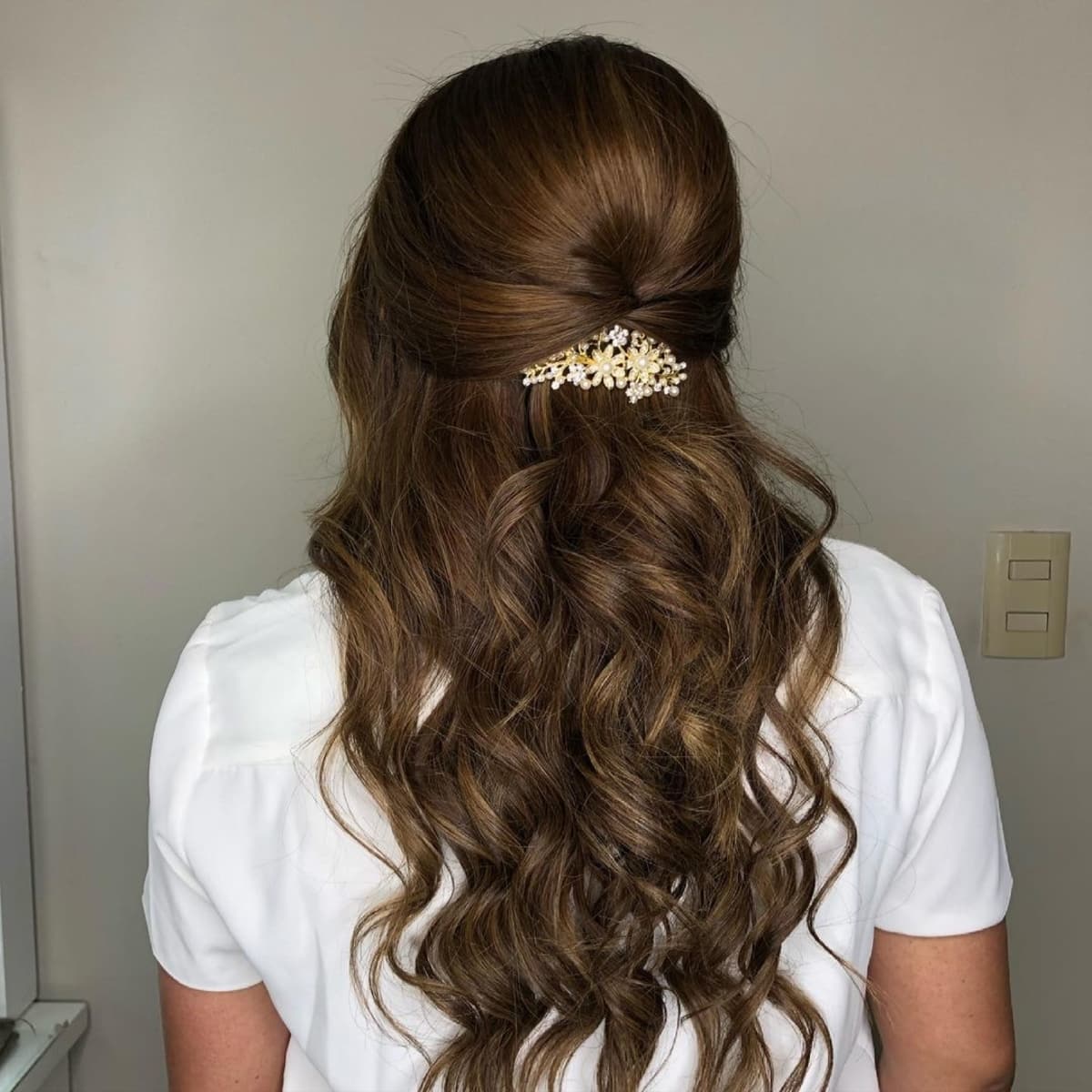 Mid-Back Dark Brown Half Updo With Clip Mid-Back Dark Brown Half Updo With Clip — Classy Professional Hairstyles