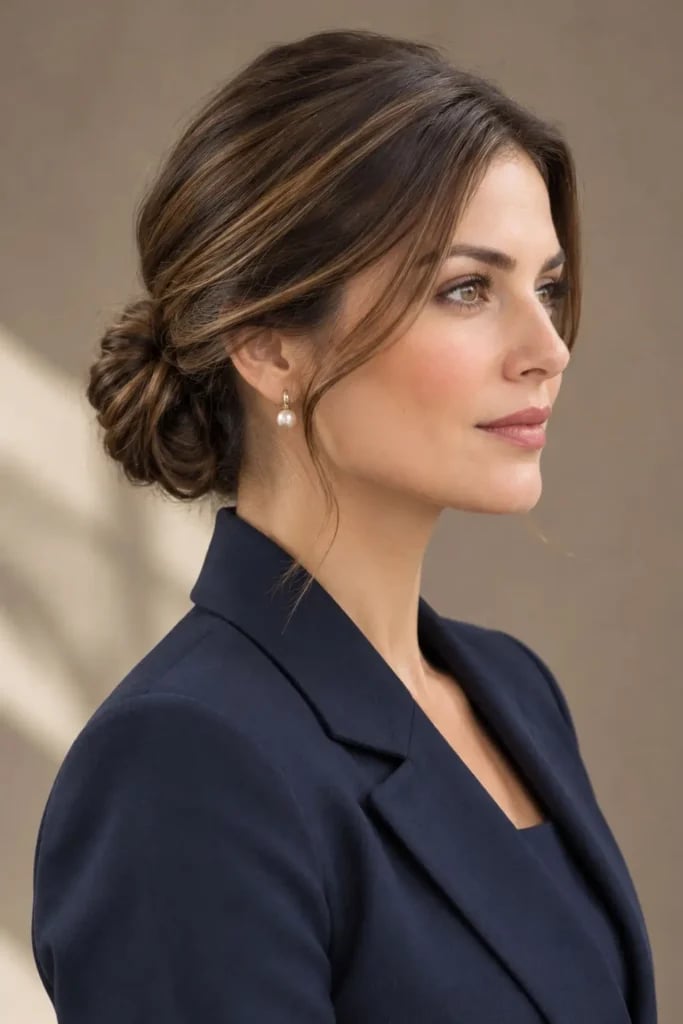 Elegant Collarbone Low Bun With Side Part Elegant Collarbone Low Bun With Side Part — Classy Professional Hairstyles