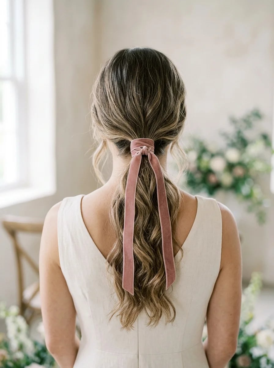 Mid-Back Ponytail With Velvet Ribbon Mid-Back Ponytail With Velvet Ribbon — Classy Rainy Days Hairstyles