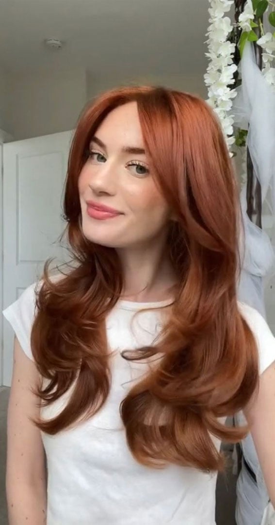 Mid-Back Strawberry Copper With Voluminous Blowout — Classy Red Hair Colors