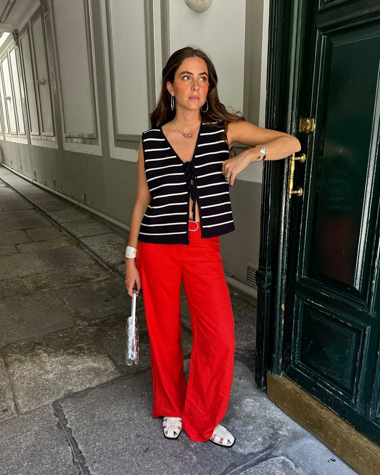 Bright Red Wide Leg Pants With Striped Vest Bright Red Wide Leg Pants With Striped Vest — Classy Red Pants Outfits