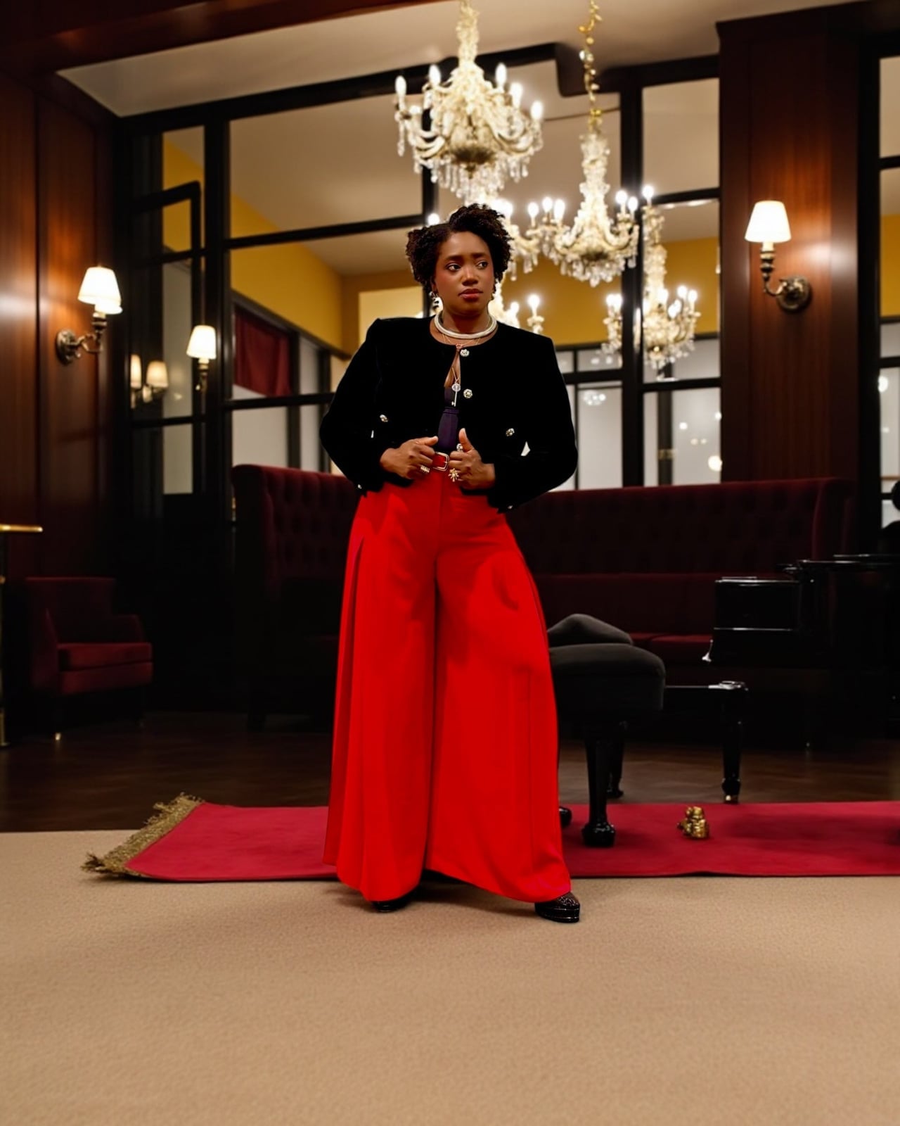 Voluminous Red Wide Leg Trousers With Cropped Velvet Jacket Voluminous Red Wide Leg Trousers With Cropped Velvet Jacket — Classy Red Pants Outfits