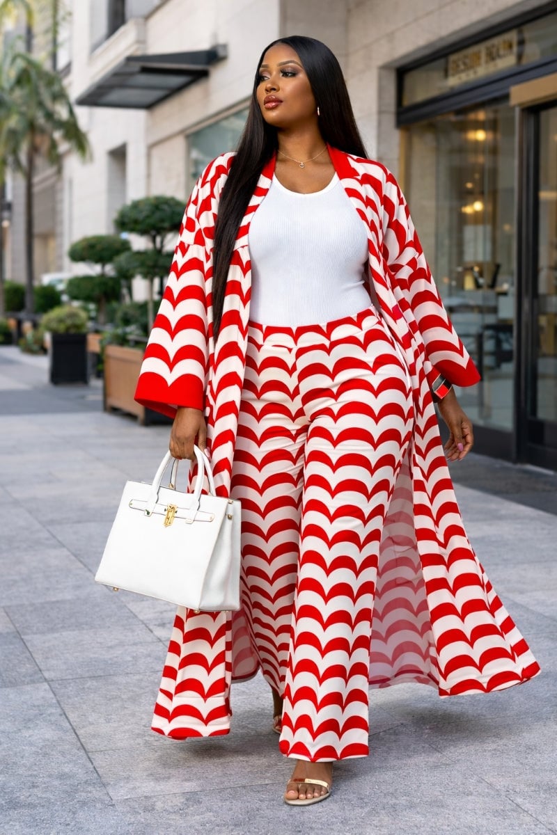 Red And White Wave Print Wide Leg Trousers With Kimono Red And White Wave Print Wide Leg Trousers With Kimono — Classy Red Pants Outfits