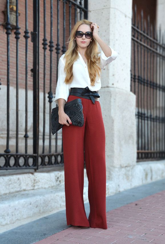 Red Wide Leg Trousers With White Shirt And Black Obi Belt Red Wide Leg Trousers With White Shirt And Black Obi Belt — Classy Red Pants Outfits