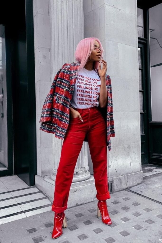 Red Corduroy Pants With Plaid Blazer And White T Shirt Red Corduroy Pants With Plaid Blazer And White T Shirt — Classy Red Pants Outfits