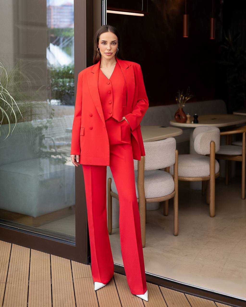 Red Three Piece Suit With Flared Trousers Red Three Piece Suit With Flared Trousers — Classy Red Pants Outfits