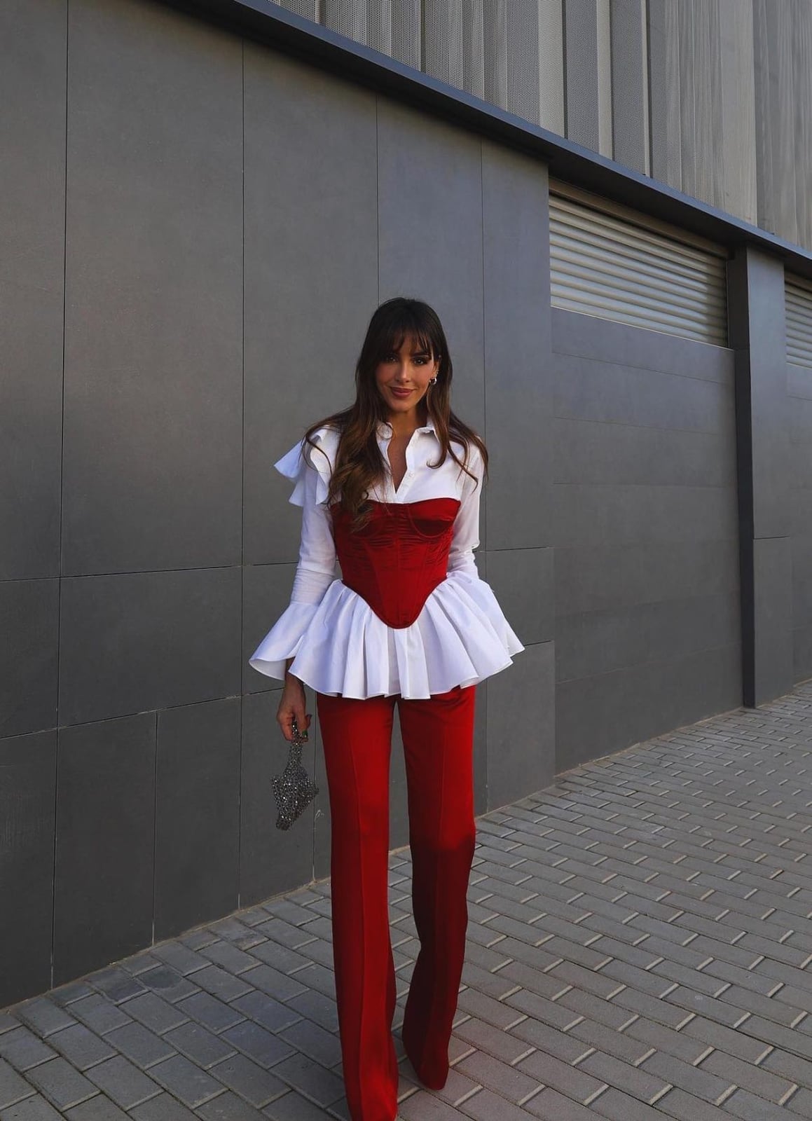 Red Trousers With White Shirt And Ruffled Corset Top Red Trousers With White Shirt And Ruffled Corset Top — Classy Red Pants Outfits