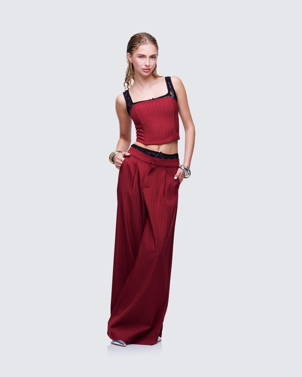 Deep Red Pinstripe Wide Leg Trousers With Corset Top Deep Red Pinstripe Wide Leg Trousers With Corset Top — Classy Red Pants Outfits