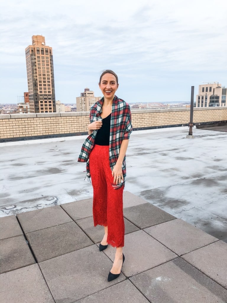 Red Lace Cropped Wide Leg Trousers With Plaid Scarf Red Lace Cropped Wide Leg Trousers With Plaid Scarf — Classy Red Pants Outfits