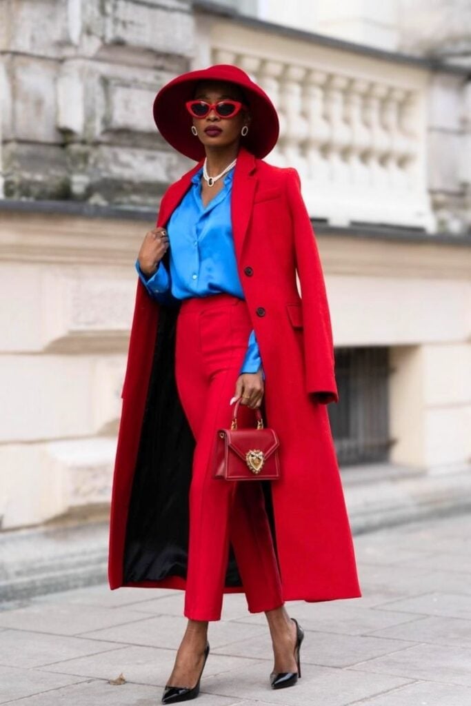 Red Straight Leg Trousers With Matching Coat And Blue Blouse Red Straight Leg Trousers With Matching Coat And Blue Blouse — Classy Red Pants Outfits