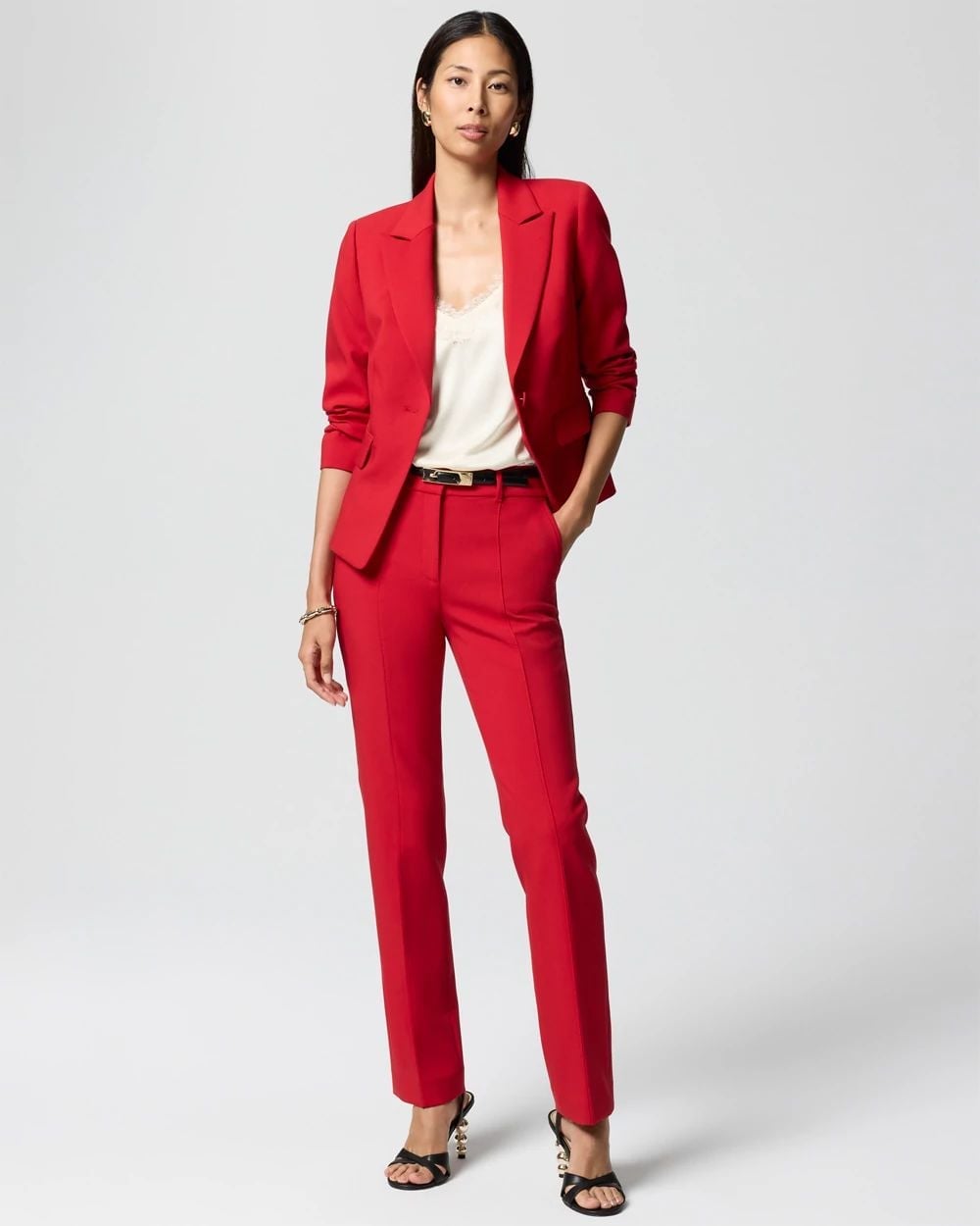 Red Tailored Suit With Straight Leg Trousers And Lace Camisole Red Tailored Suit With Straight Leg Trousers And Lace Camisole — Classy Red Pants Outfits