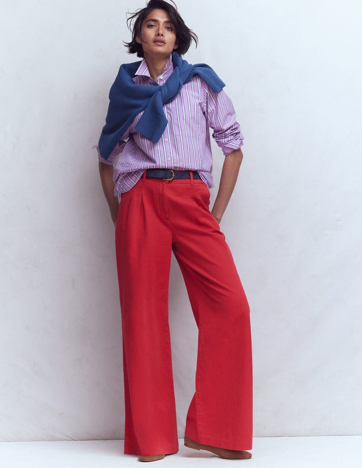 Red Wide Leg Trousers With Striped Shirt And Navy Sweater Red Wide Leg Trousers With Striped Shirt And Navy Sweater — Classy Red Pants Outfits