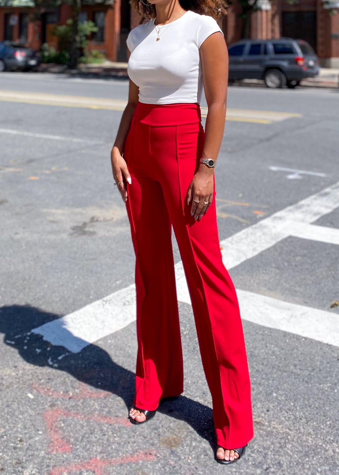 High Waisted Wide Leg Red Trousers With White T Shirt High Waisted Wide Leg Red Trousers With White T Shirt — Classy Red Pants Outfits