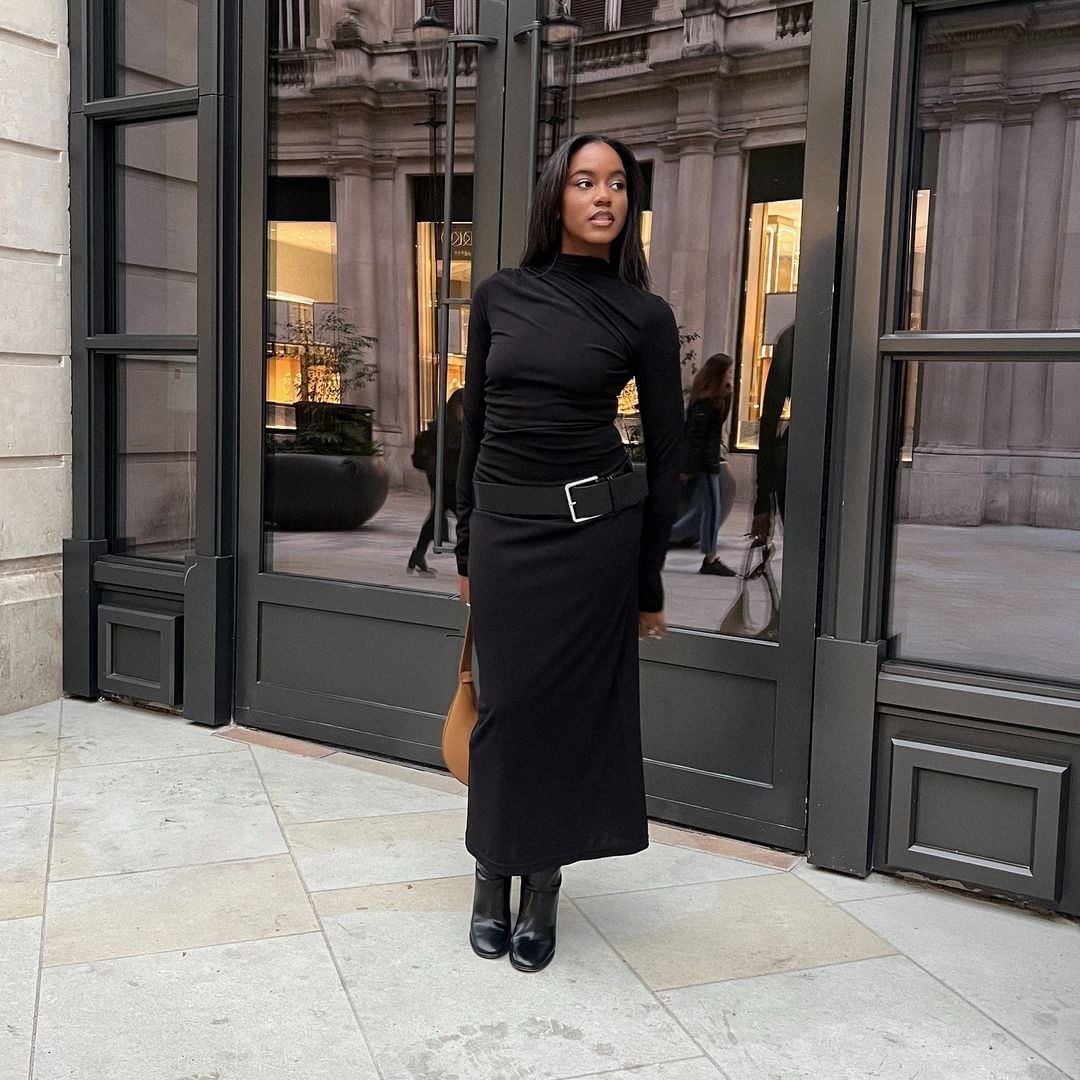 Monochromatic Black Midi Skirt Ensemble Monochromatic Black Midi Skirt Ensemble — Classy Restaurant Outfit