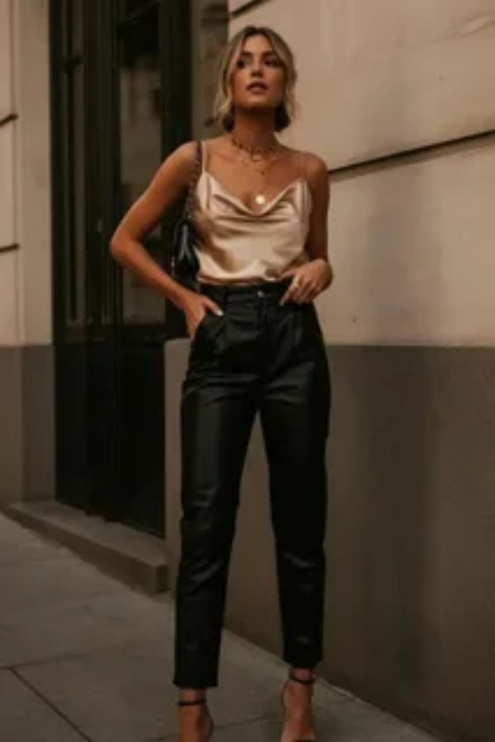 Gold Satin Camisole and Faux Leather Pants Gold Satin Camisole and Faux Leather Pants — Classy Restaurant Outfit