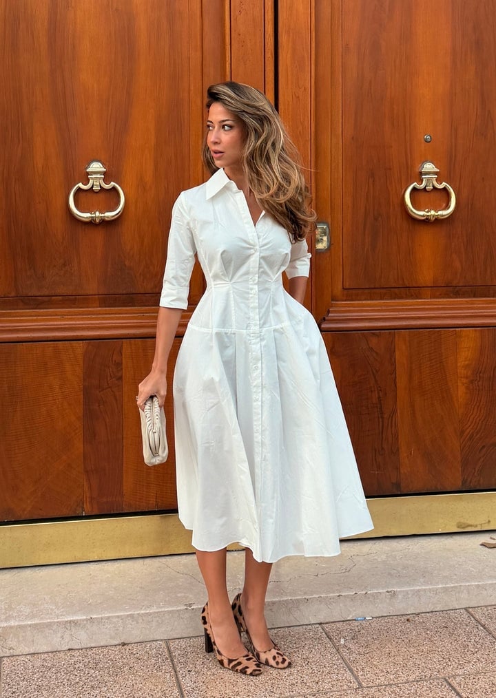 White Shirt Dress with Full Skirt and Leopard Print Heels White Shirt Dress with Full Skirt and Leopard Print Heels — Classy Restaurant Outfit