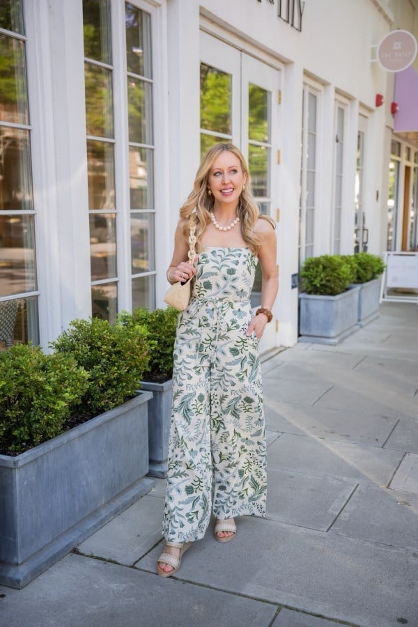 Botanical Print Strapless Jumpsuit Botanical Print Strapless Jumpsuit — Classy Restaurant Outfit