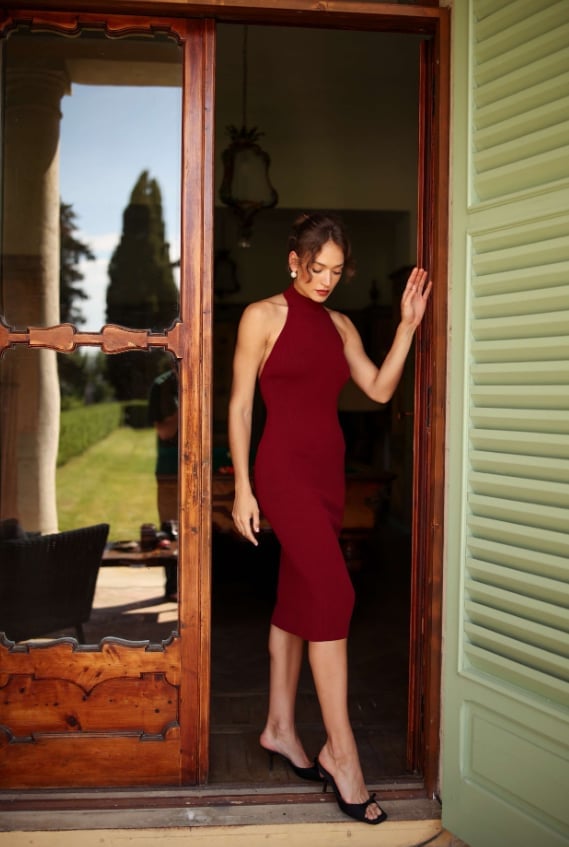 Burgundy Ribbed Knit Halter Dress Burgundy Ribbed Knit Halter Dress — Classy Restaurant Outfit