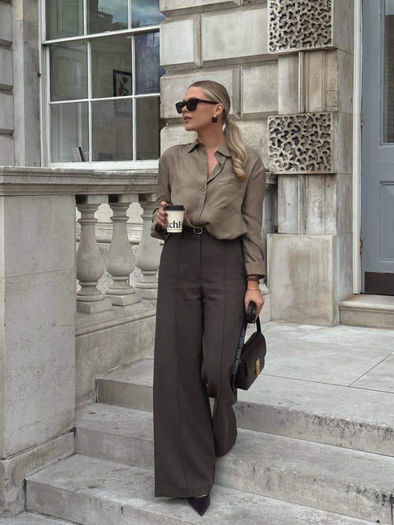 Taupe Button-Up Shirt and Wide-Leg Trousers Taupe Button-Up Shirt and Wide-Leg Trousers — Classy Restaurant Outfit