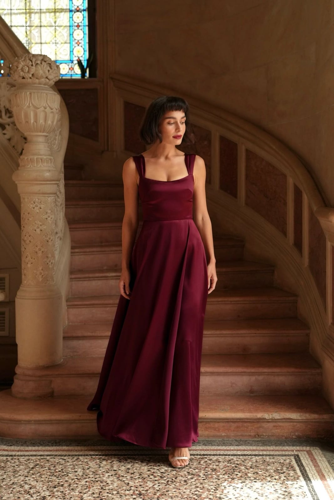 Maroon Satin A-Line Maxi Dress, Close-Up Take Maroon Satin A-Line Maxi Dress, Close-Up Take — Classy Restaurant Outfit