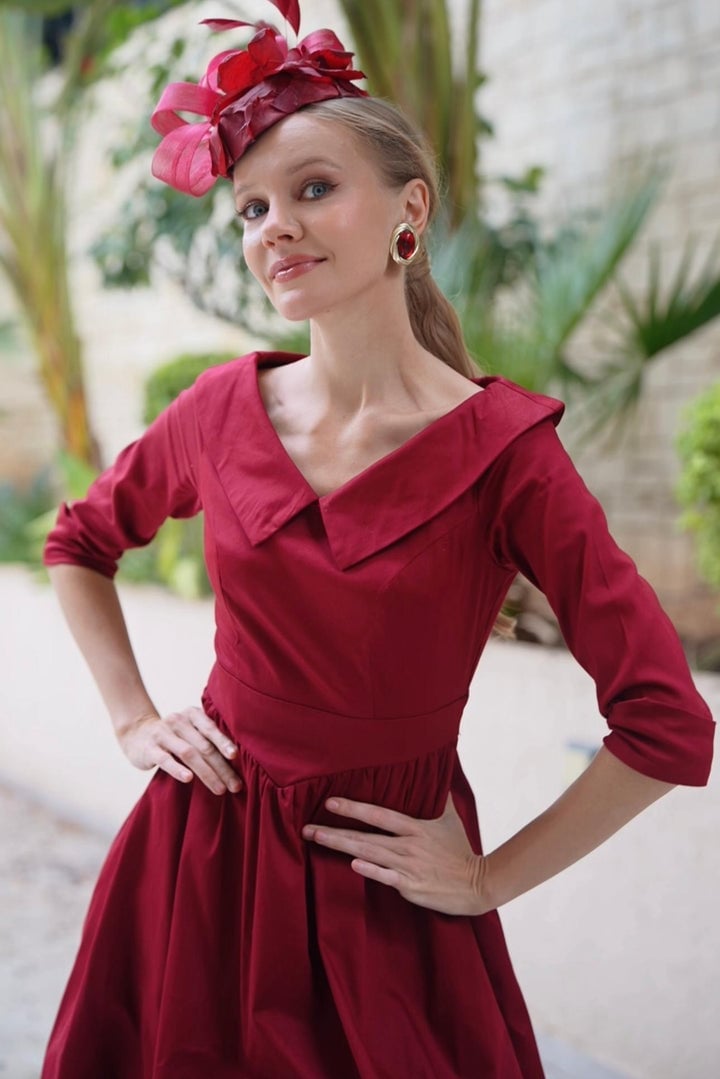 Burgundy Collared Midi Dress with Fascinator — Classy Retro Outfits