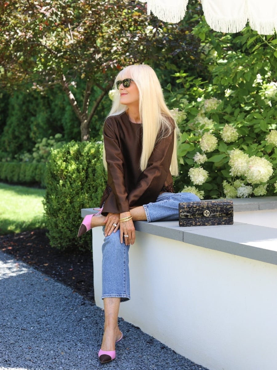 Brown Satin Top with Blue Jeans and Pink Mules — Classy Retro Outfits