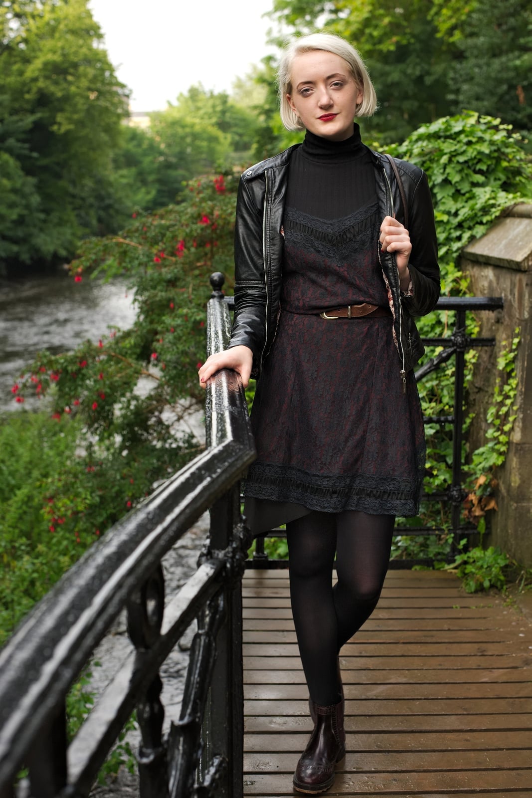Burgundy Lace Slip Dress Over Black Turtleneck — Classy Retro Outfits