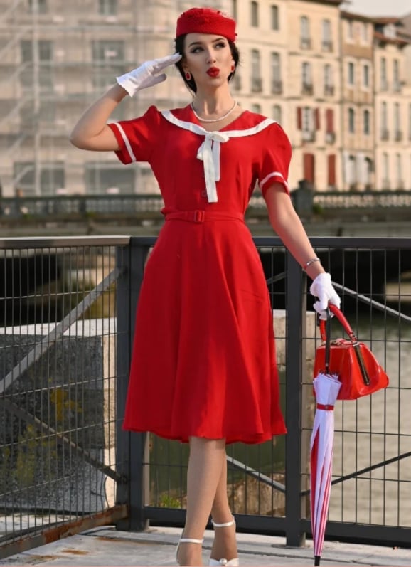 Red Swing Dress with Sailor Collar and White Accents — Classy Retro Outfits